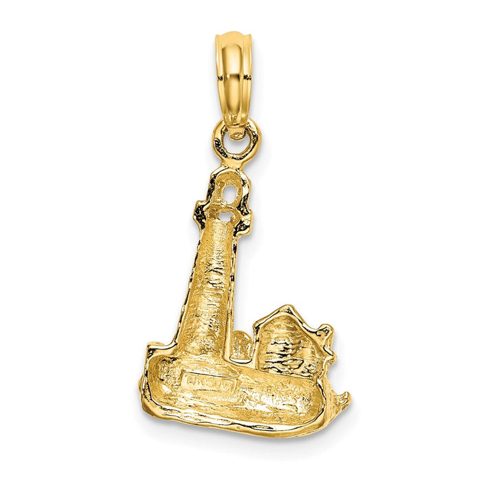 Million Charms 14K Yellow Gold Themed 2-D Lighthouse With Waves & Buildings Charm