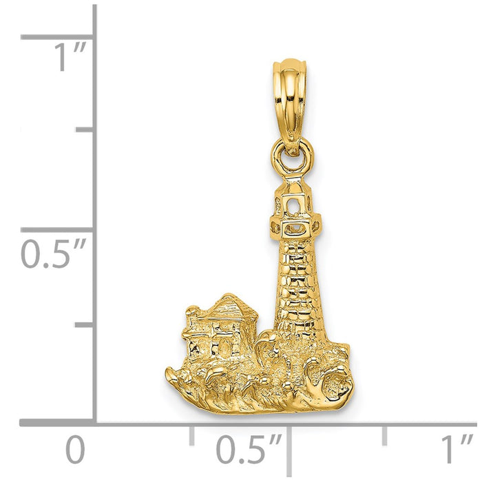 Million Charms 14K Yellow Gold Themed 2-D Lighthouse With Waves & Buildings Charm