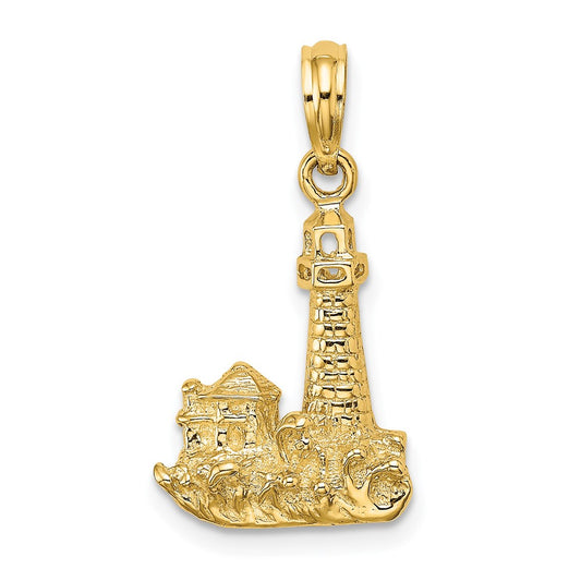 Dije temático de faro en 2D con olas y edificios de Million Charms en oro amarillo de 14 quilates