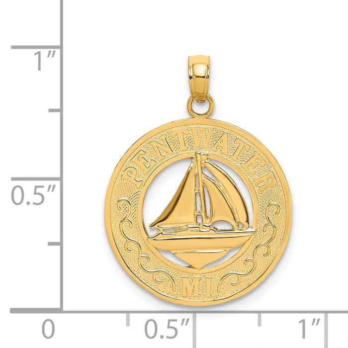 Million Charms 14K Yellow Gold Themed Pentwater, Mi Round Frame With Nautical Sailboat Charm