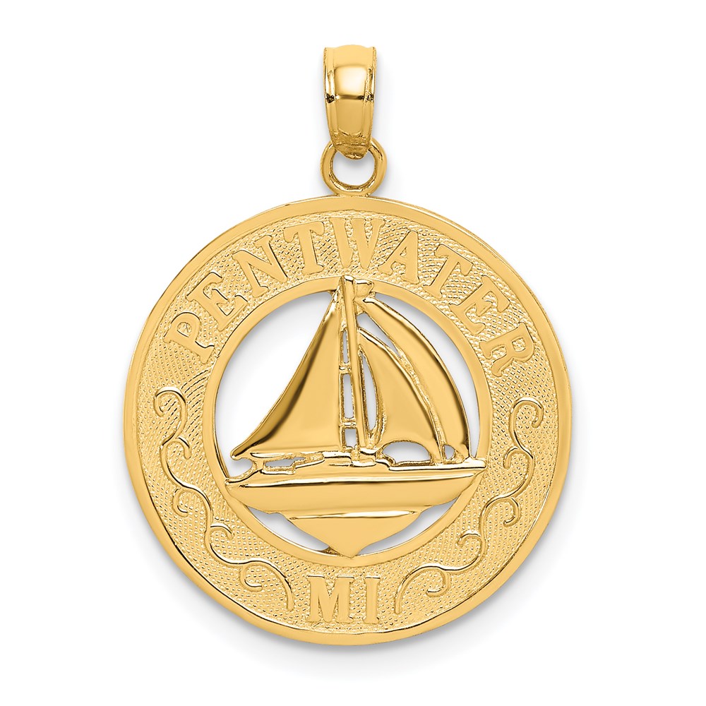 Million Charms 14K Yellow Gold Themed Pentwater, Mi Round Frame With Nautical Sailboat Charm