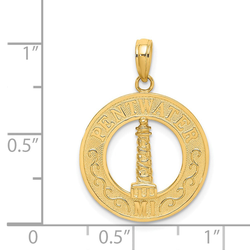 Million Charms 14K Yellow Gold Themed Pentwater, Mi Round Frame With Lighthouse Charm