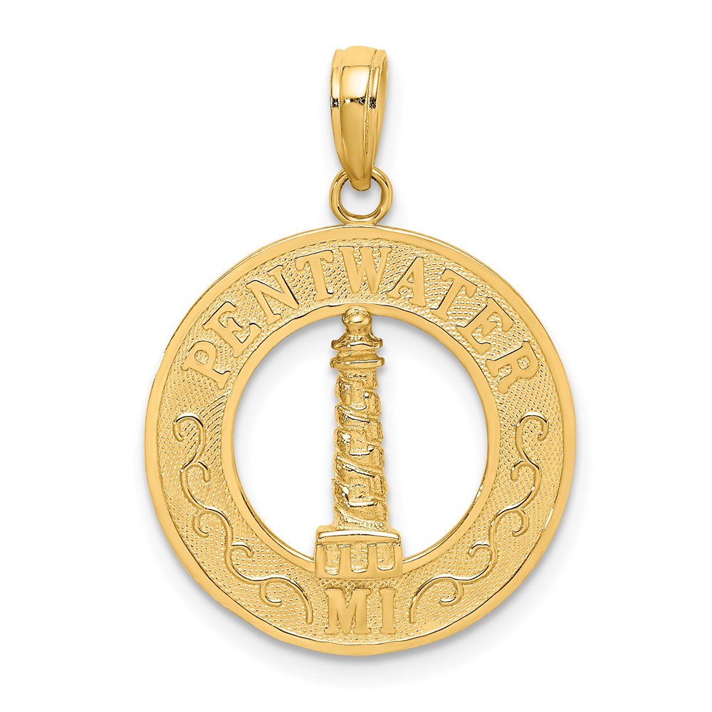 Million Charms 14K Yellow Gold Themed Pentwater, Mi Round Frame With Lighthouse Charm