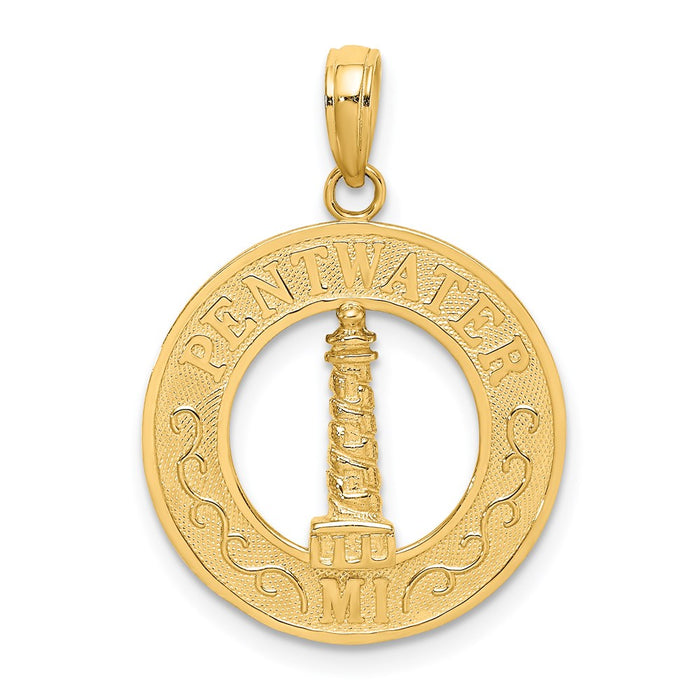 Million Charms 14K Yellow Gold Themed Pentwater, Mi Round Frame With Lighthouse Charm