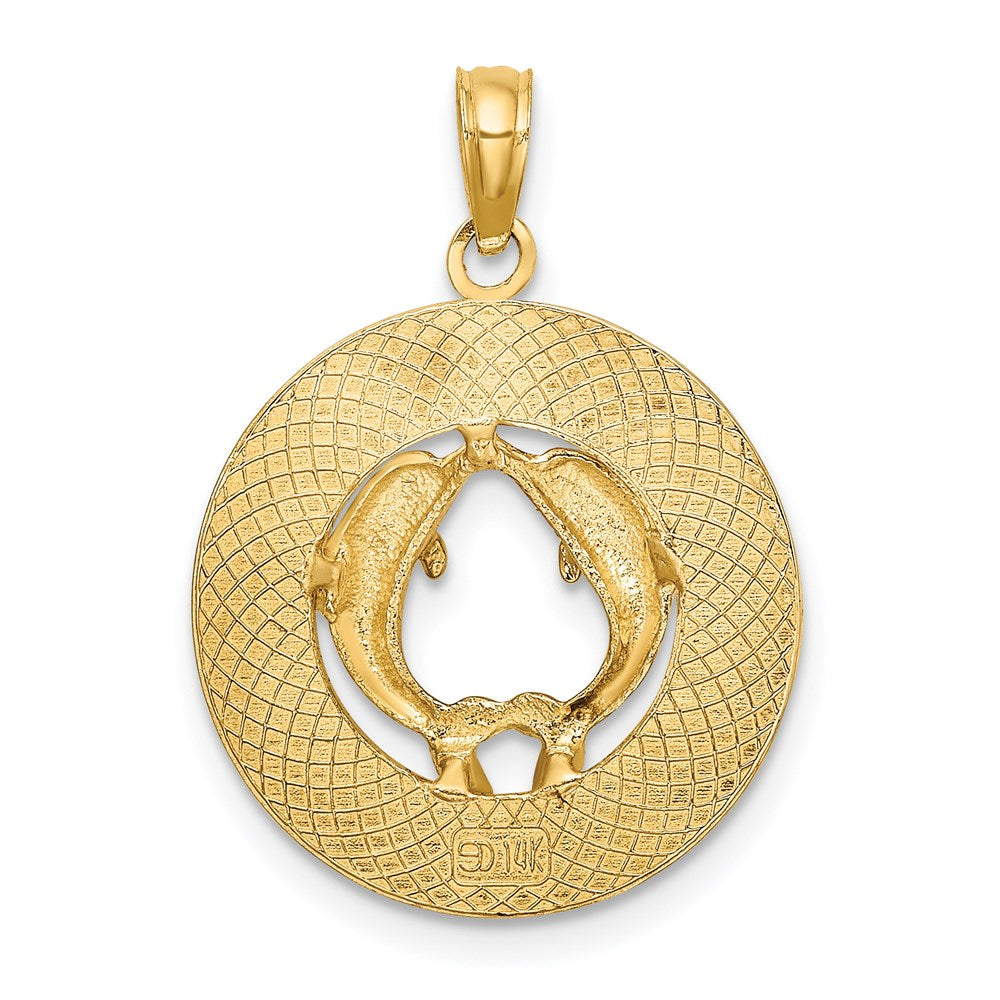 Million Charms 14K Yellow Gold Themed Miami Beach Round Frame With Dolphins Charm