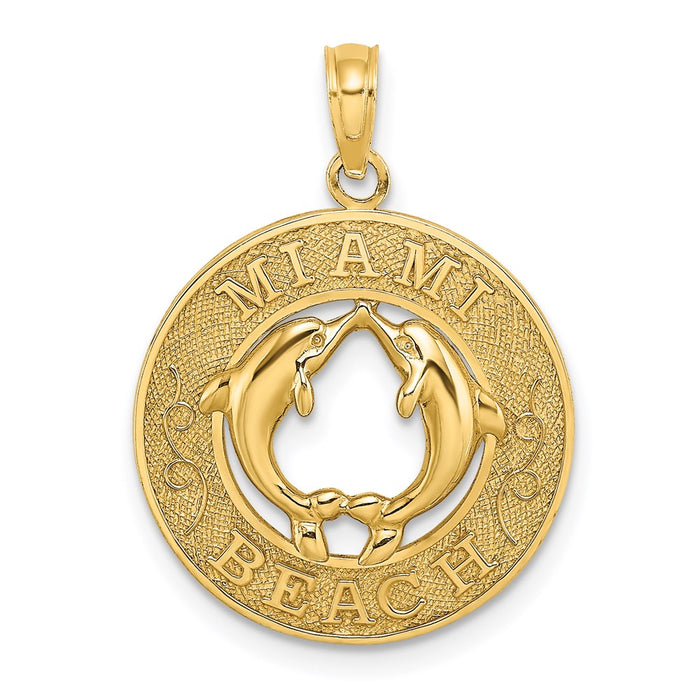 Million Charms 14K Yellow Gold Themed Miami Beach Round Frame With Dolphins Charm