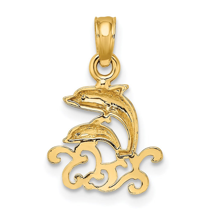 Million Charms 14K Yellow Gold Themed Textured Mini Double Dolphins & Waves Charm