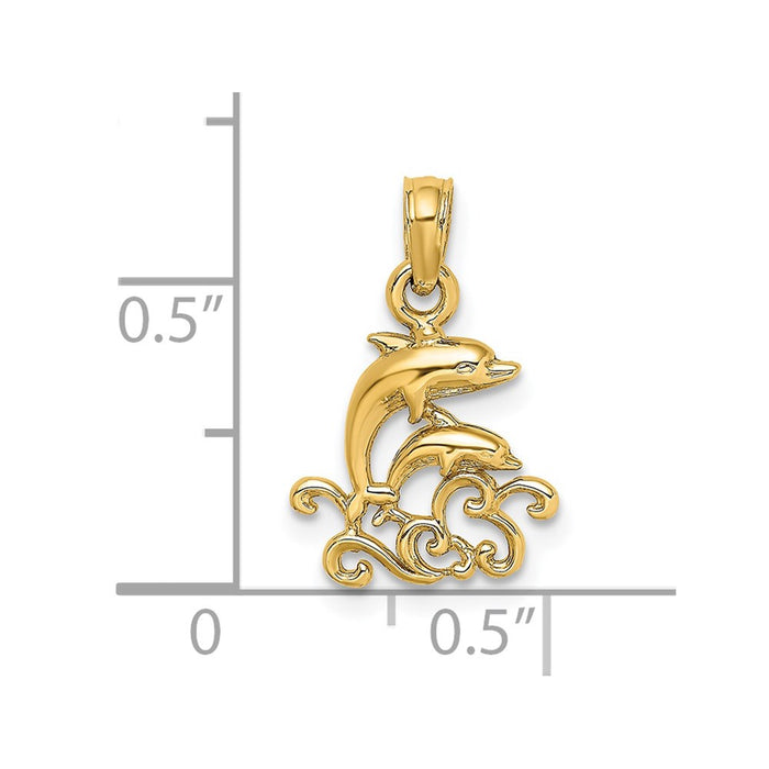 Million Charms 14K Yellow Gold Themed Textured Mini Double Dolphins & Waves Charm