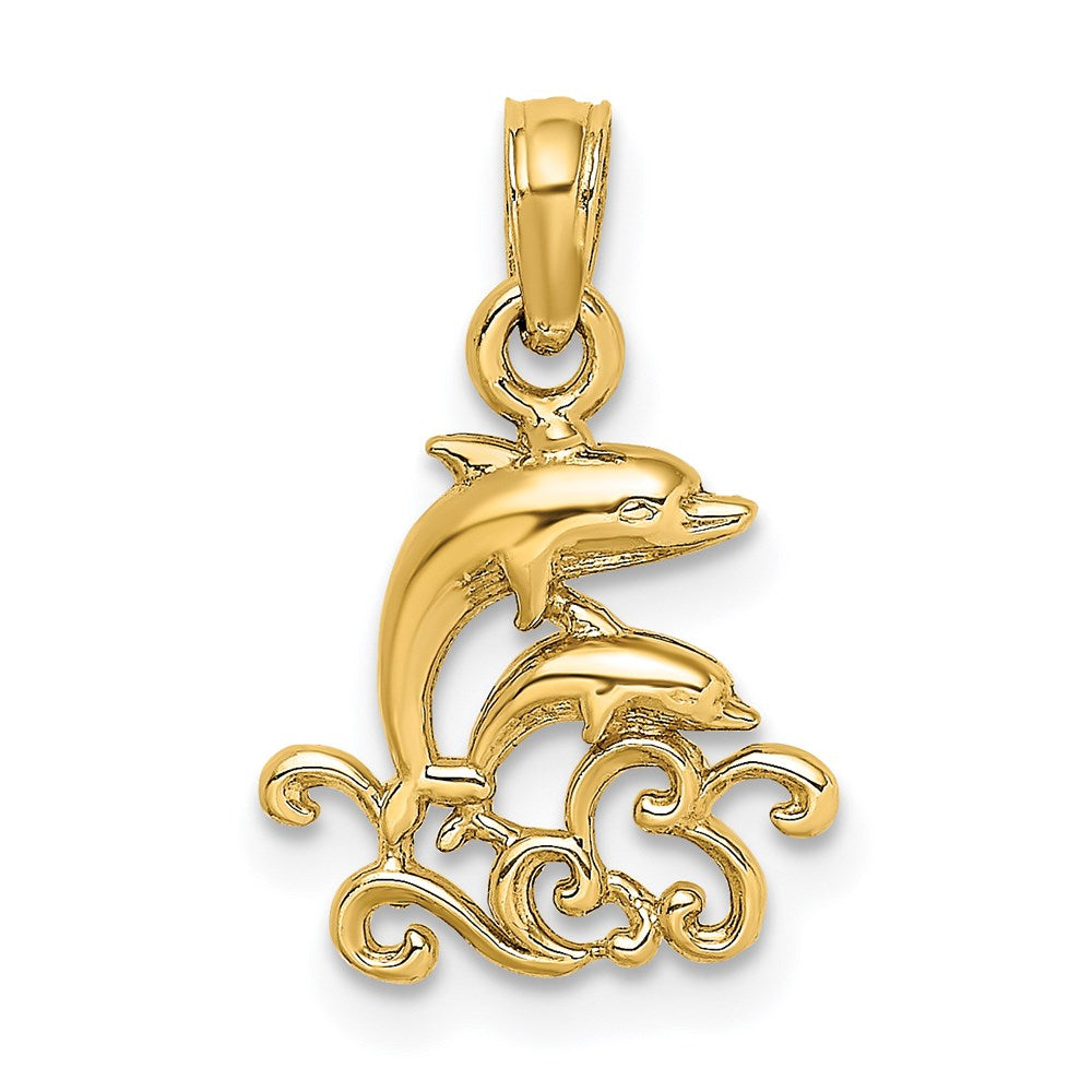 Million Charms 14K Yellow Gold Themed Textured Mini Double Dolphins & Waves Charm