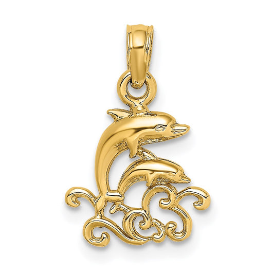 Million Charms 14K Yellow Gold Themed Textured Mini Double Dolphins & Waves Charm