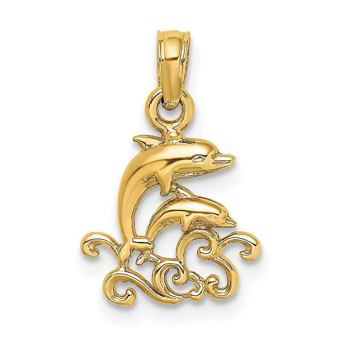 Million Charms 14K Yellow Gold Themed Textured Mini Double Dolphins & Waves Charm