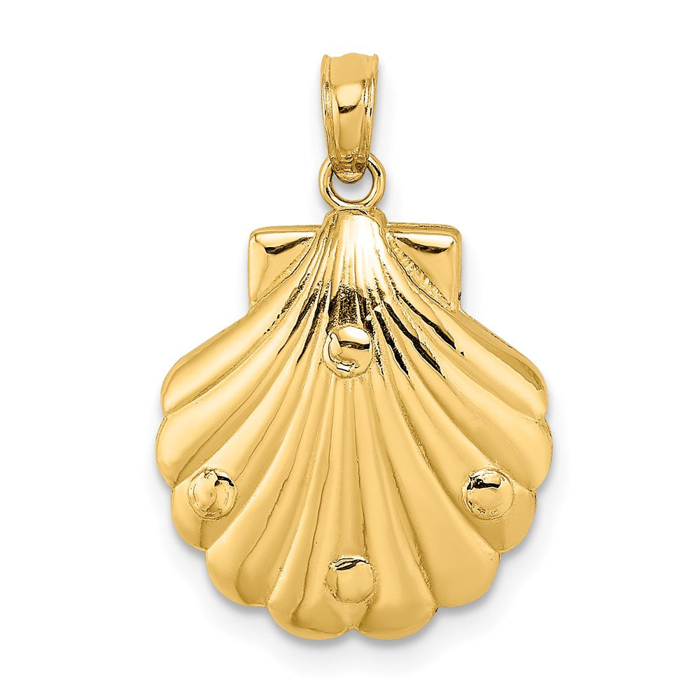 Million Charms 14K Yellow Gold Themed 2-D & Textured Shell With Dolphins & Waves Charm