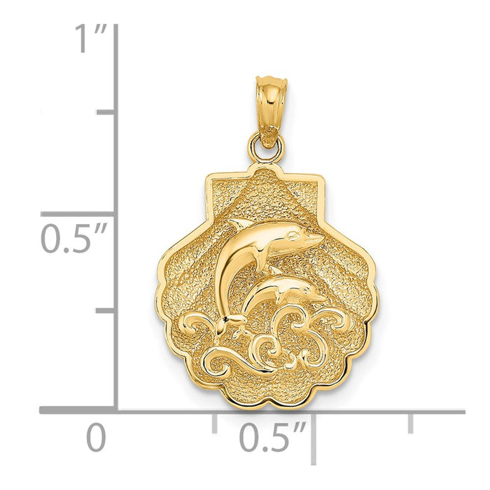 Million Charms 14K Yellow Gold Themed 2-D & Textured Shell With Dolphins & Waves Charm