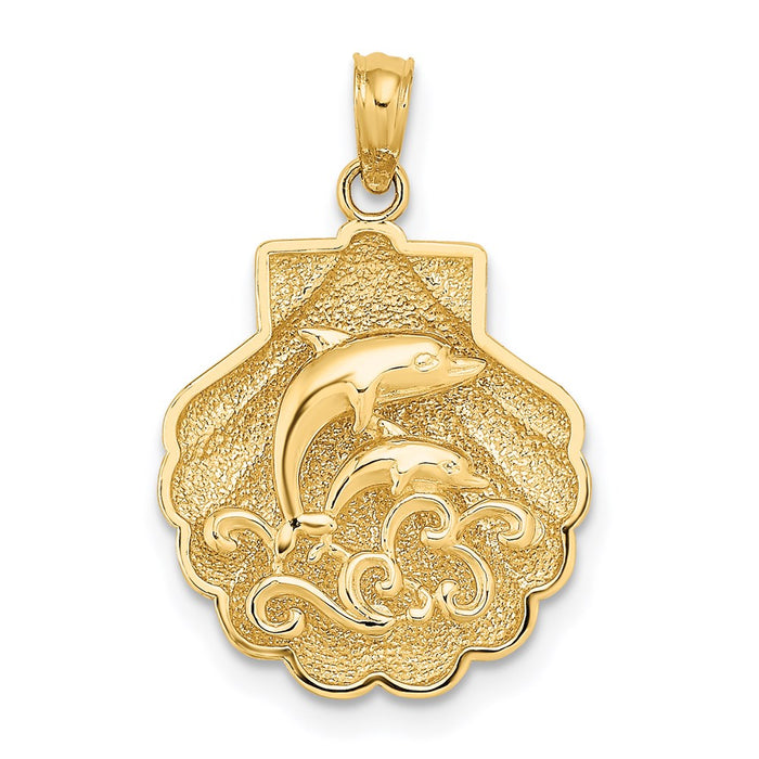 Million Charms 14K Yellow Gold Themed 2-D & Textured Shell With Dolphins & Waves Charm