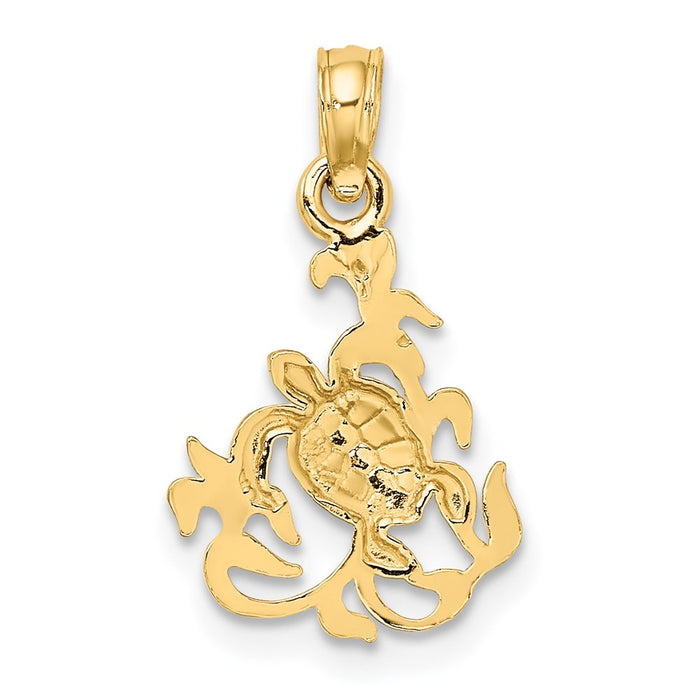 Million Charms 14K Yellow Gold Themed Textured Mini Sea Turtle & Kelp Charm