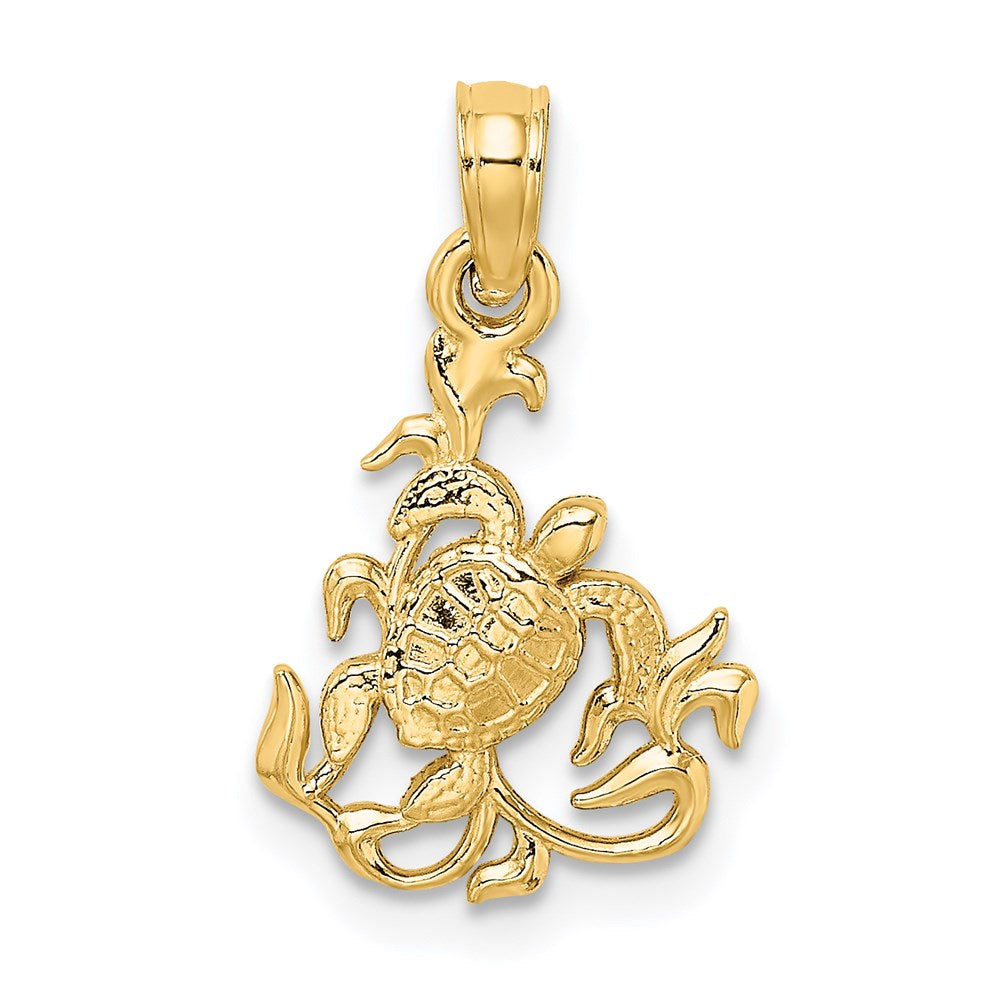 Million Charms 14K Yellow Gold Themed Textured Mini Sea Turtle & Kelp Charm