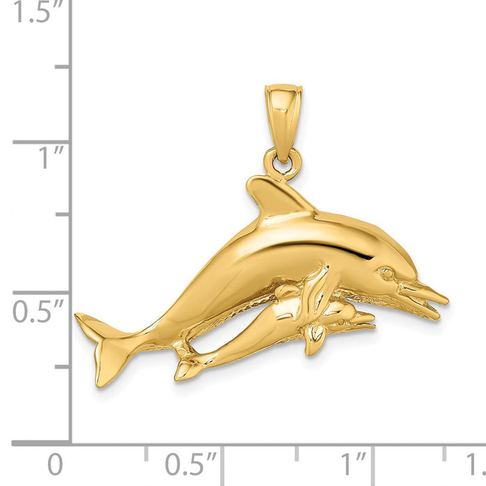 Million Charms 14K Yellow Gold Themed 2-D Two Swimming Dolphins Charm