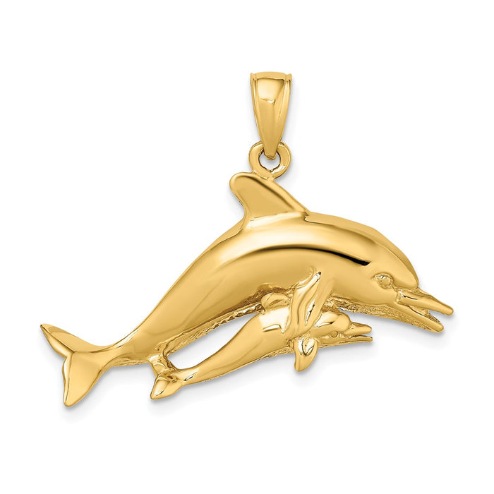 Million Charms 14K Yellow Gold Themed 2-D Two Swimming Dolphins Charm