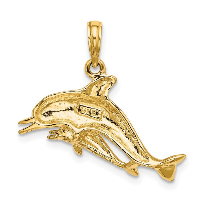 Million Charms 14K Yellow Gold Themed 2-D Double Dolphins Swimming Charm