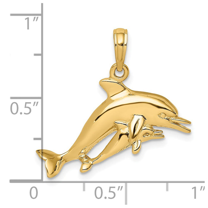 Million Charms 14K Yellow Gold Themed 2-D Double Dolphins Swimming Charm