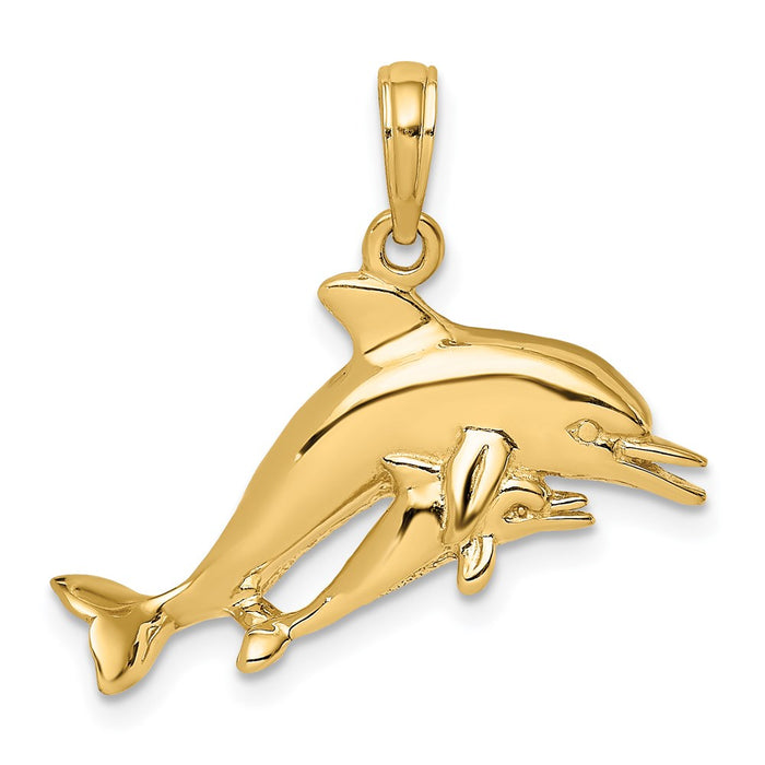 Million Charms 14K Yellow Gold Themed 2-D Double Dolphins Swimming Charm