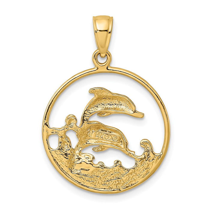 Million Charms 14K Yellow Gold Themed Double Dolphins In Circle Charm