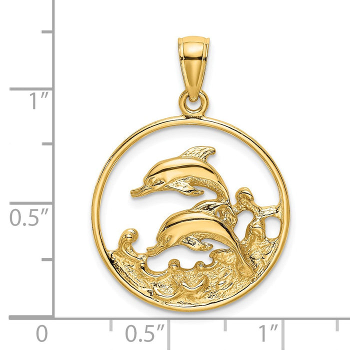 Million Charms 14K Yellow Gold Themed Double Dolphins In Circle Charm