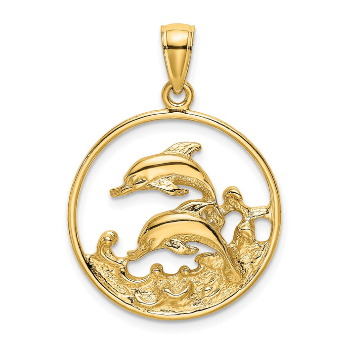 Million Charms 14K Yellow Gold Themed Double Dolphins In Circle Charm