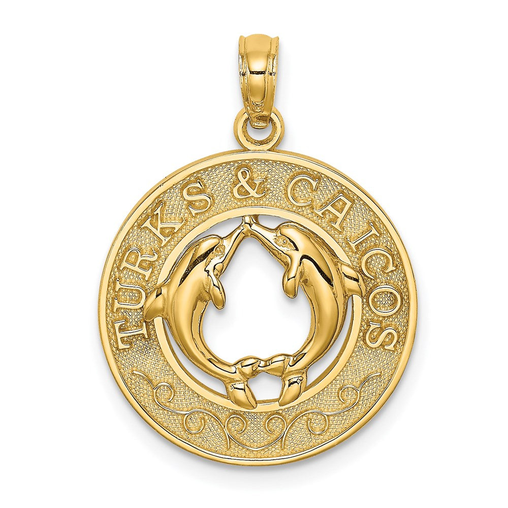 Million Charms 14K Yellow Gold Themed Turks & Caicos On Round Frame With Dolphins Charm