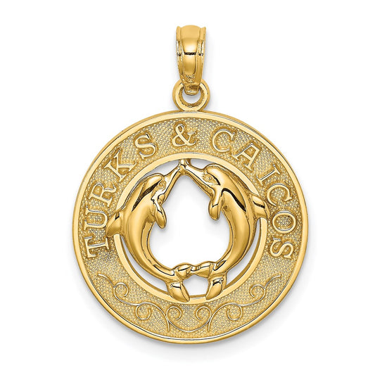 Million Charms 14K Yellow Gold Themed Turks & Caicos On Round Frame With Dolphins Charm
