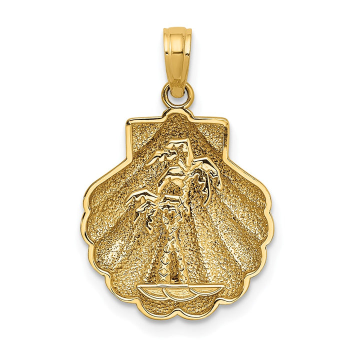 Million Charms 14K Yellow Gold Themed 2-D & Textured Shell With Mini Double Palm Tree Charm