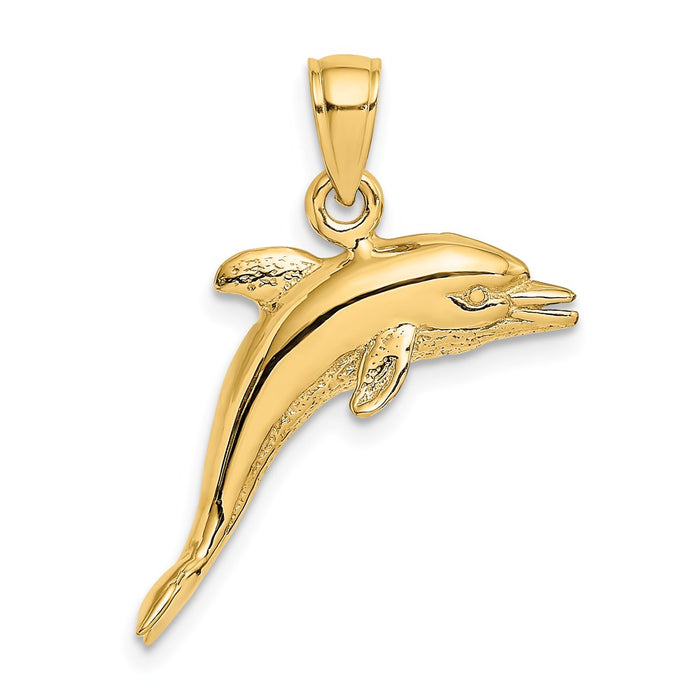 Million Charms 14K Yellow Gold Themed 3-D Polished & Textured Dolphin Jumping Charm