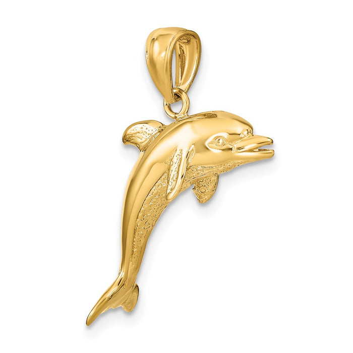 Million Charms 14K Yellow Gold Themed 3-D Polished & Textured Dolphin Jumping Charm