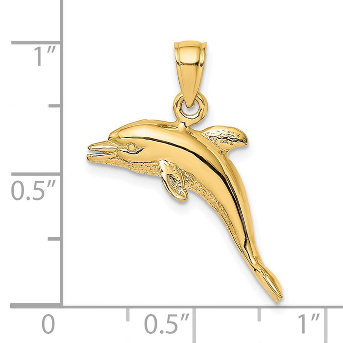 Million Charms 14K Yellow Gold Themed 3-D Polished & Textured Dolphin Jumping Charm