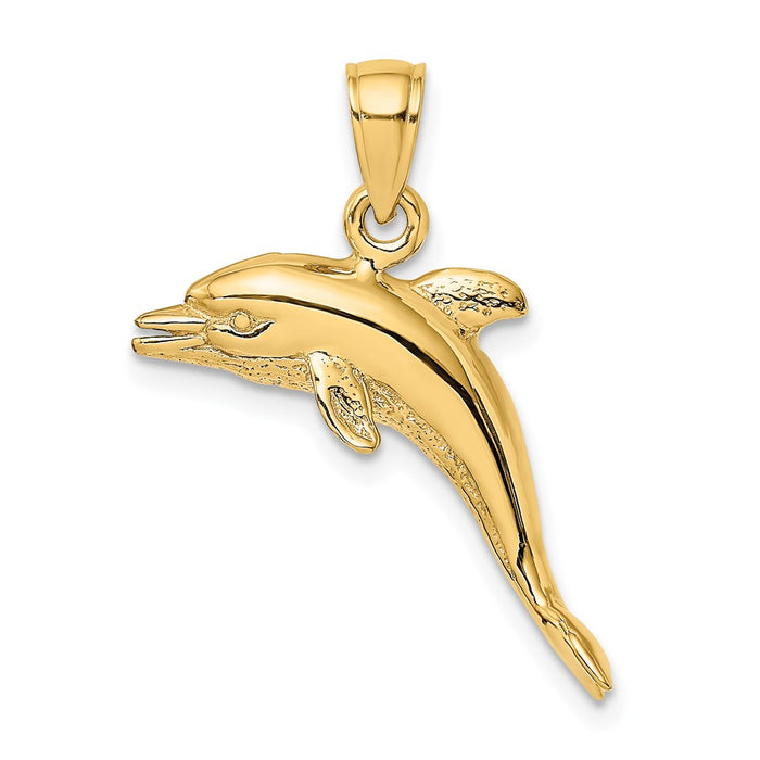 Million Charms 14K Yellow Gold Themed 3-D Polished & Textured Dolphin Jumping Charm