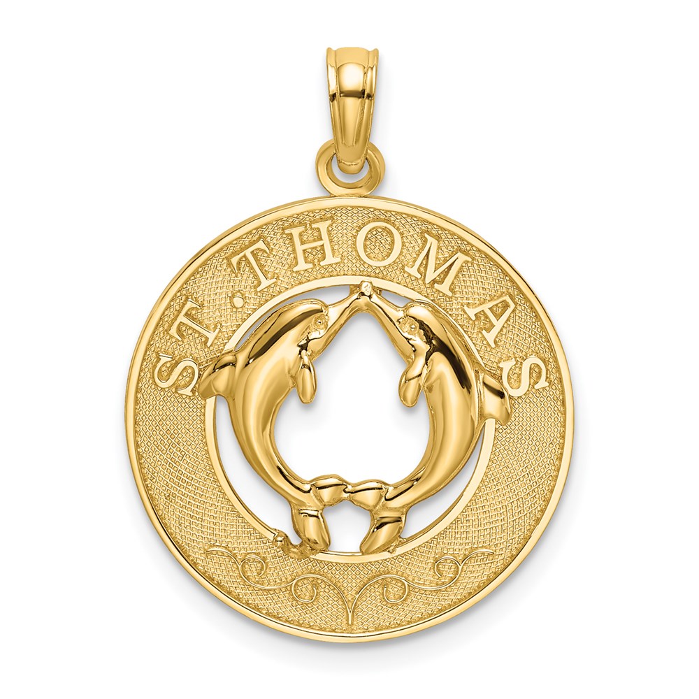 Million Charms 14K Yellow Gold Themed Religious Saint Thomas Round Frame With Dolphins Charm
