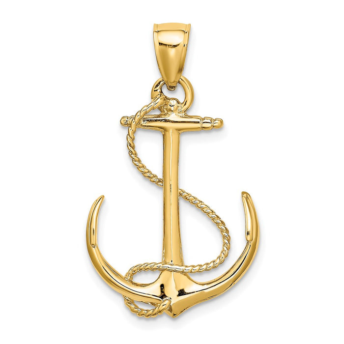 Million Charms 14K Yellow Gold Themed 3-D Polished & Textured Nautical Anchor With Rope Charm