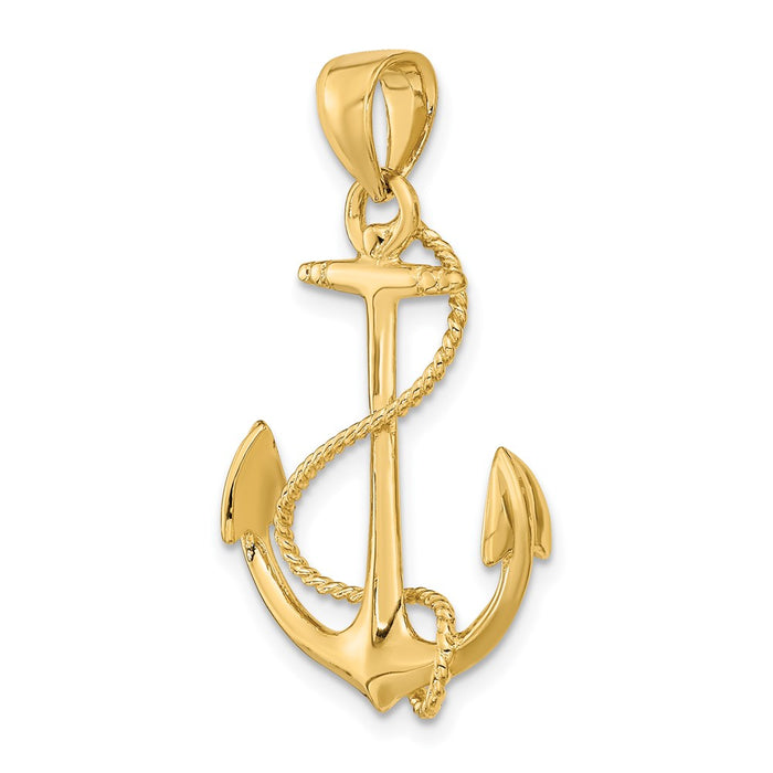 Million Charms 14K Yellow Gold Themed 3-D Polished & Textured Nautical Anchor With Rope Charm