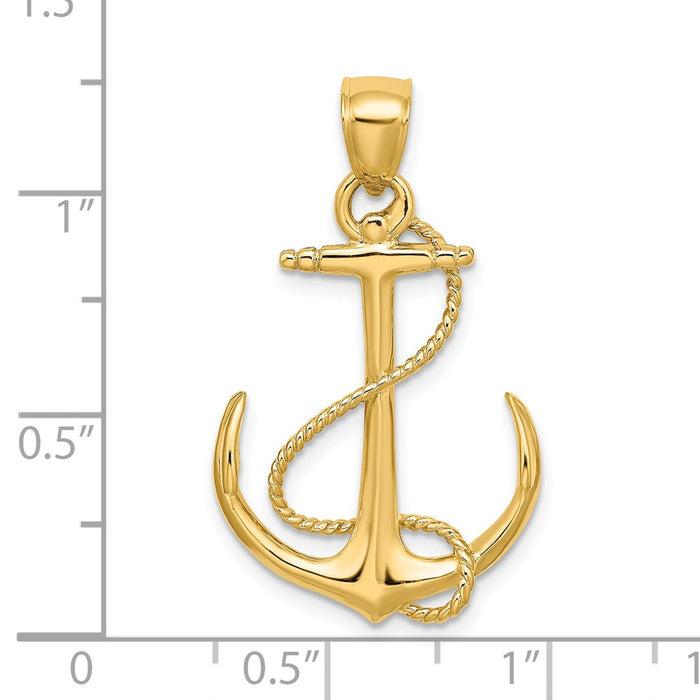 Million Charms 14K Yellow Gold Themed 3-D Polished & Textured Nautical Anchor With Rope Charm