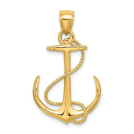 Million Charms 14K Yellow Gold Themed 3-D Polished & Textured Nautical Anchor With Rope Charm
