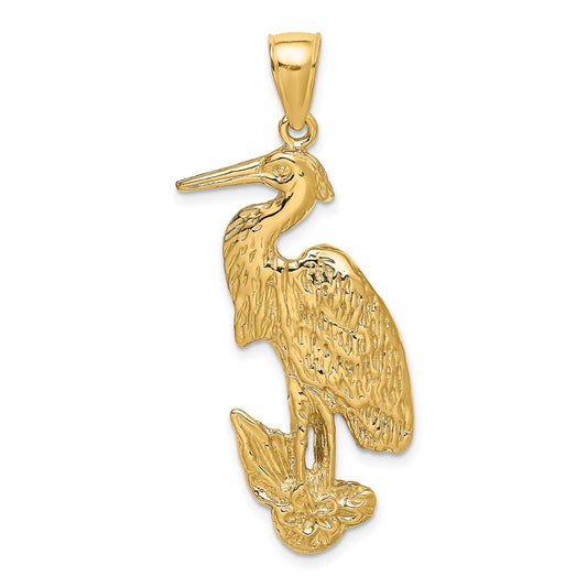 Million Charms 14K Yellow Gold Themed 2-D & Textured Egret Bird Standing Charm