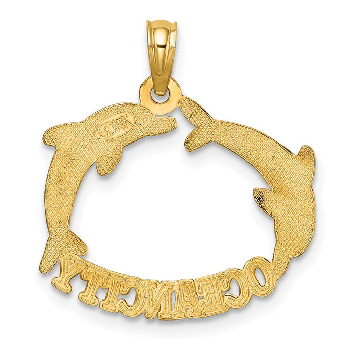 Million Charms 14K Yellow Gold Themed 2-D Polished Ocean City With Jumping Dolphins Charm