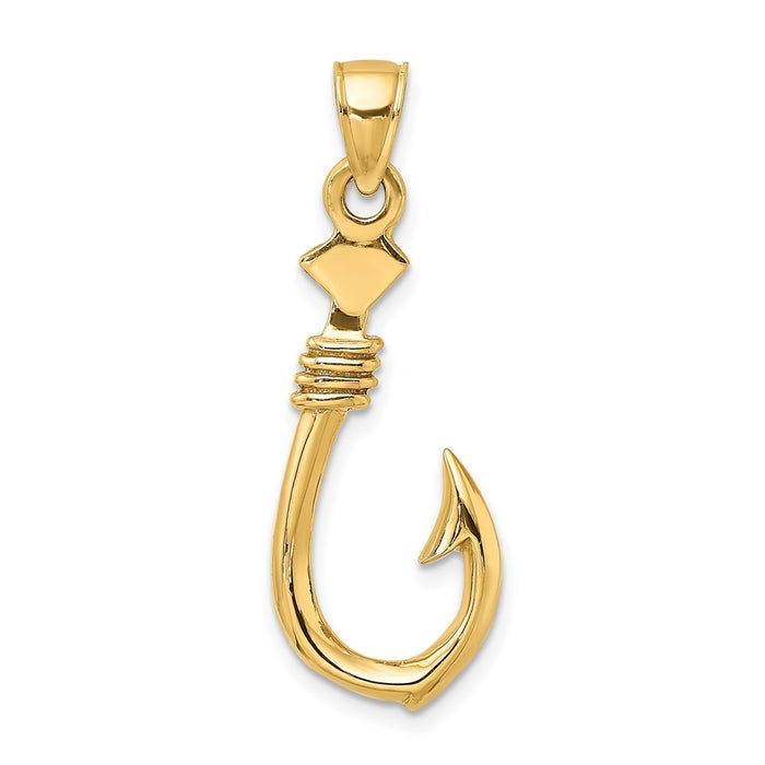 Million Charms 14K Yellow Gold Themed 3-D Large Fish Hook With Rope Charm