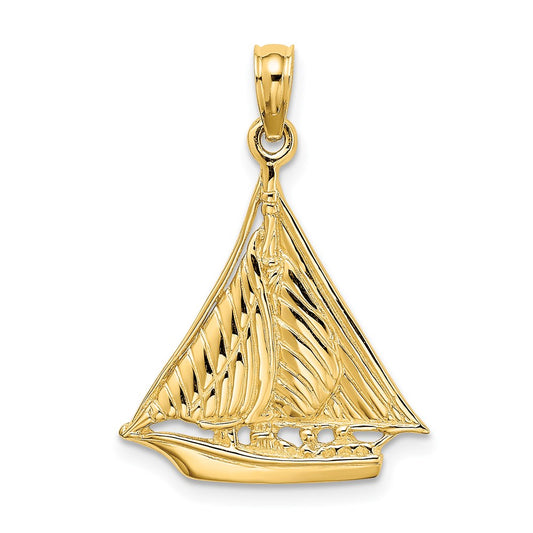 Million Charms 14K Yellow Gold Themed Polished & Textured Nautical Sailboat Charm