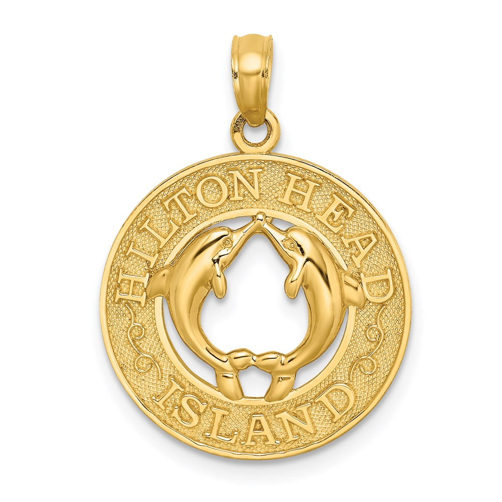 Million Charms 14K Yellow Gold Themed Hilton Head Island On Round Frame With Dolphins Charm