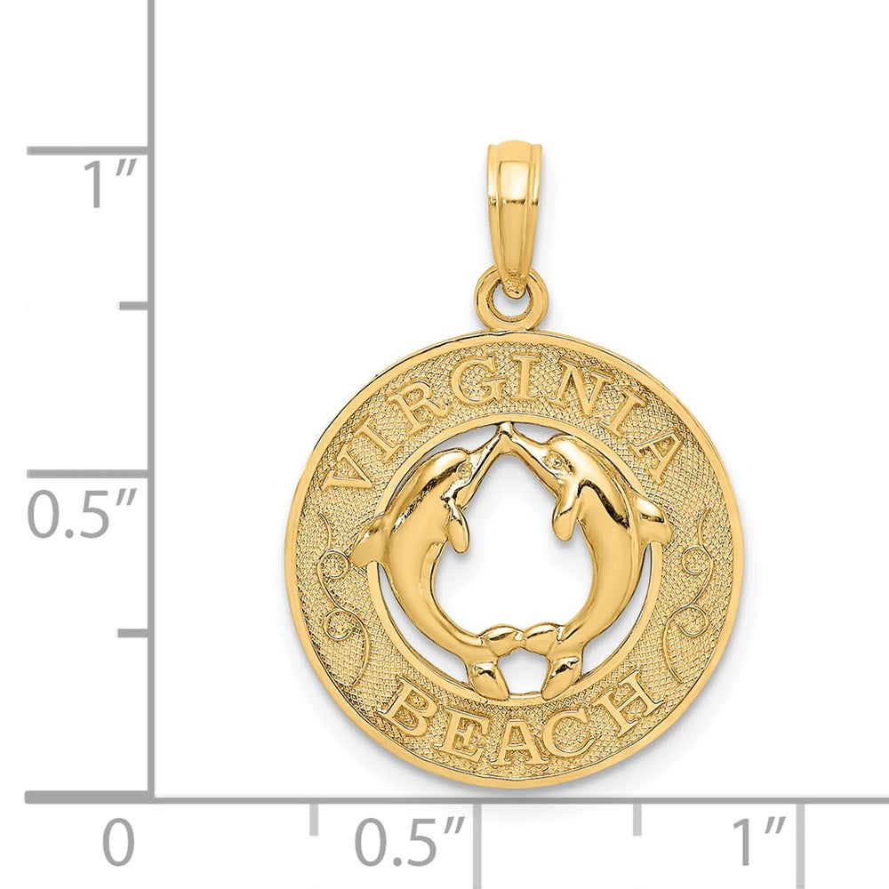 Million Charms 14K Yellow Gold Themed Virginia Beach On Round Frame With Dolphins Center Charm
