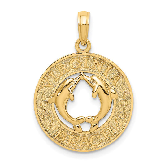 Million Charms 14K Yellow Gold Themed Virginia Beach On Round Frame With Dolphins Center Charm
