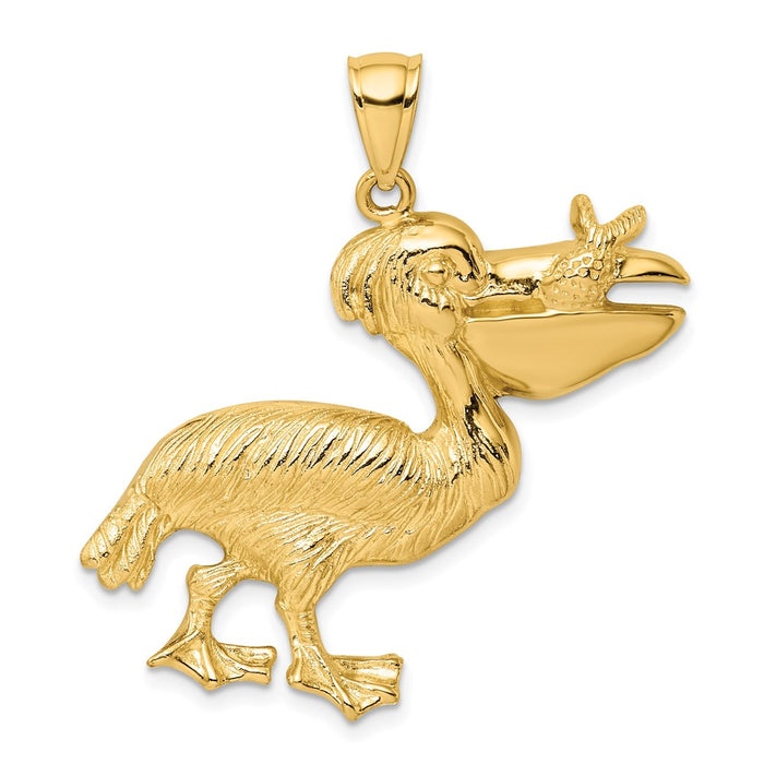 Million Charms 14K Yellow Gold Themed 2-D Pelican With Fish In Mouth Charm