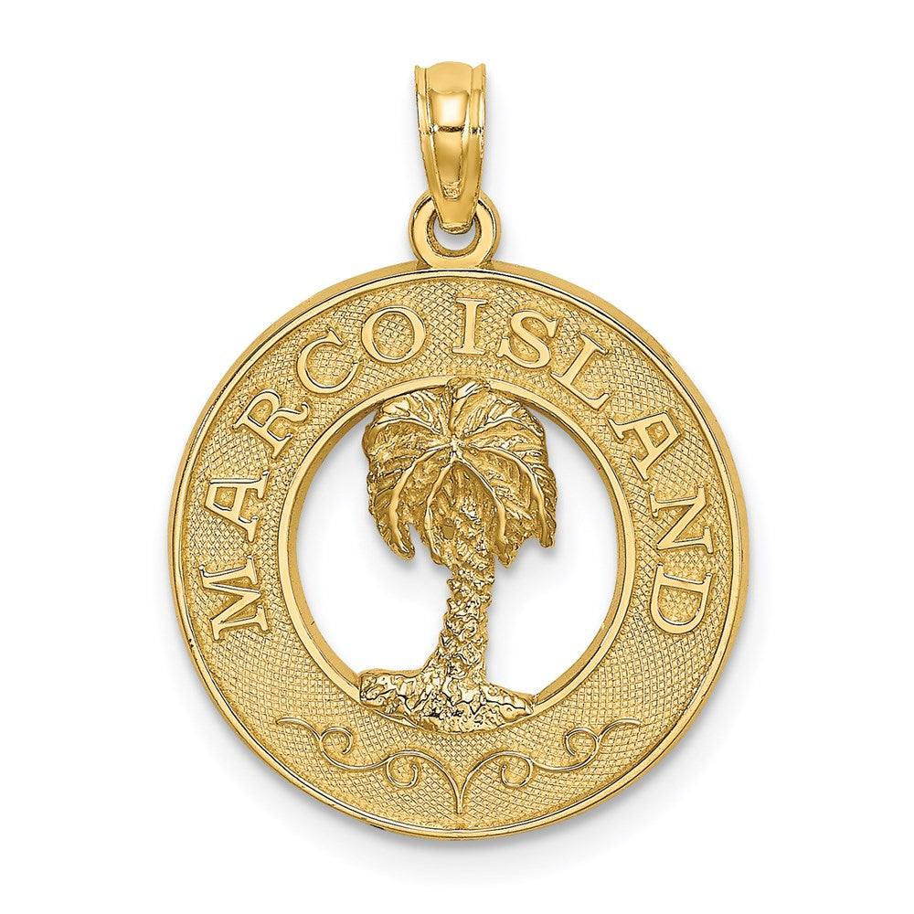 Million Charms 14K Yellow Gold Themed Marco Island On Round Frame With Palm Tree Charm