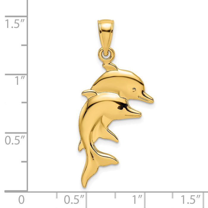 Million Charms 14K Yellow Gold Themed 2-D Polished Double Dolphins Charm